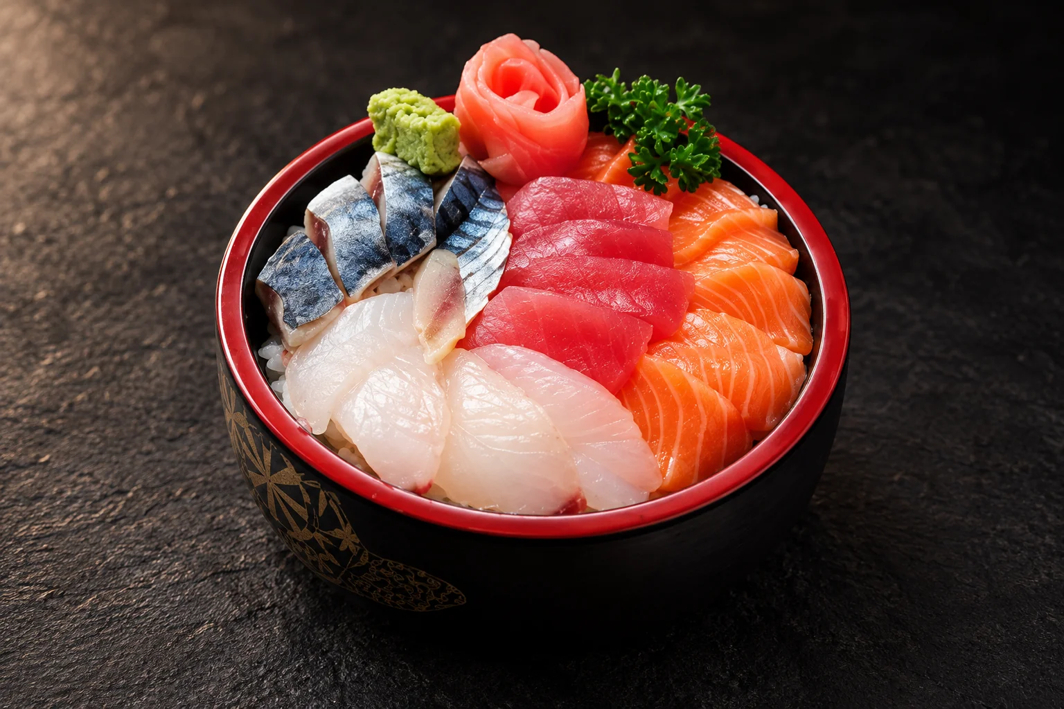 C3 Chirashi Assortiment dans un bol laqué noir et rouge, fond sombre.