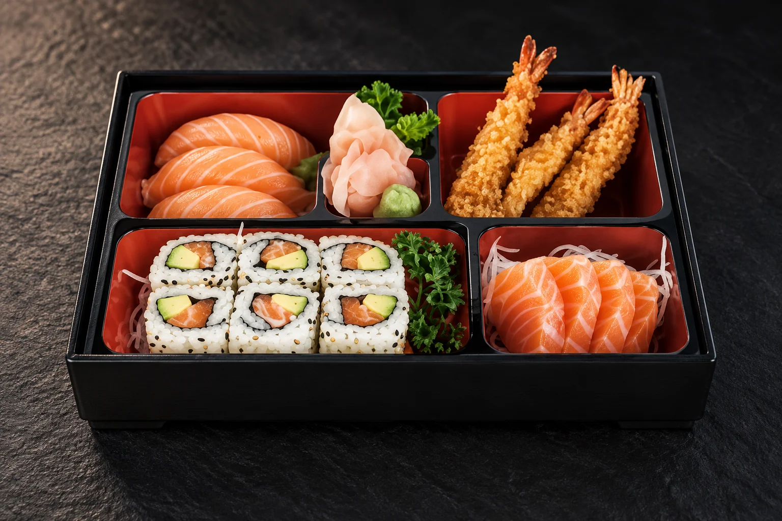 Bento 3 dans une boîte à bento noire et rouge, fond sombre.