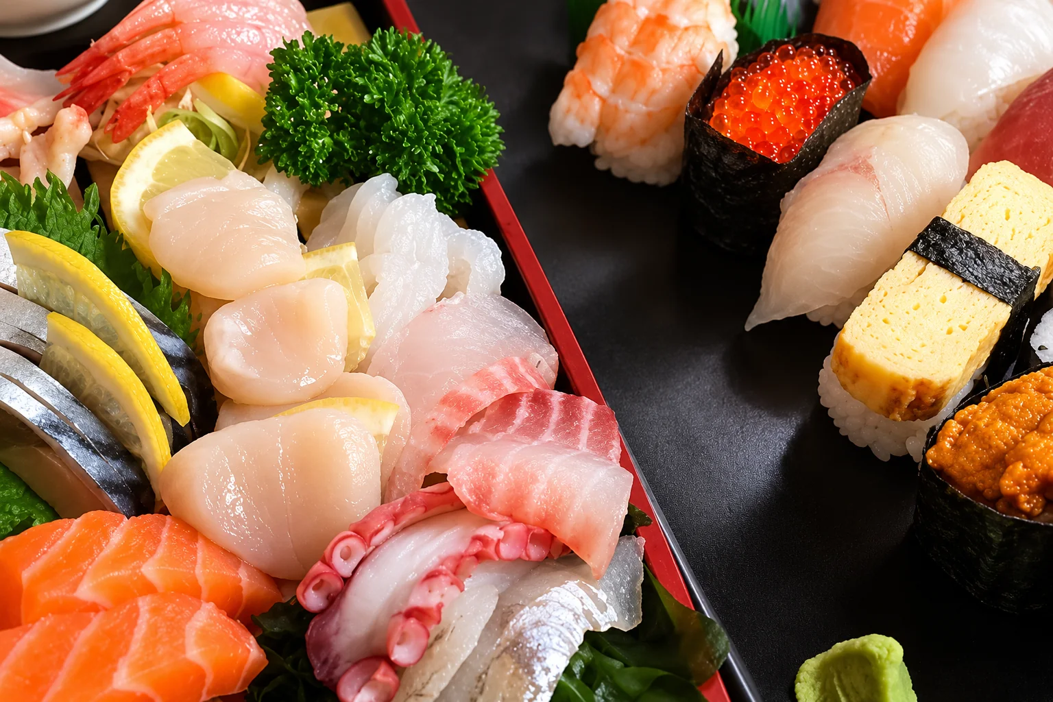 Sushi et sashimi sur un plateau noir à bord rouge.