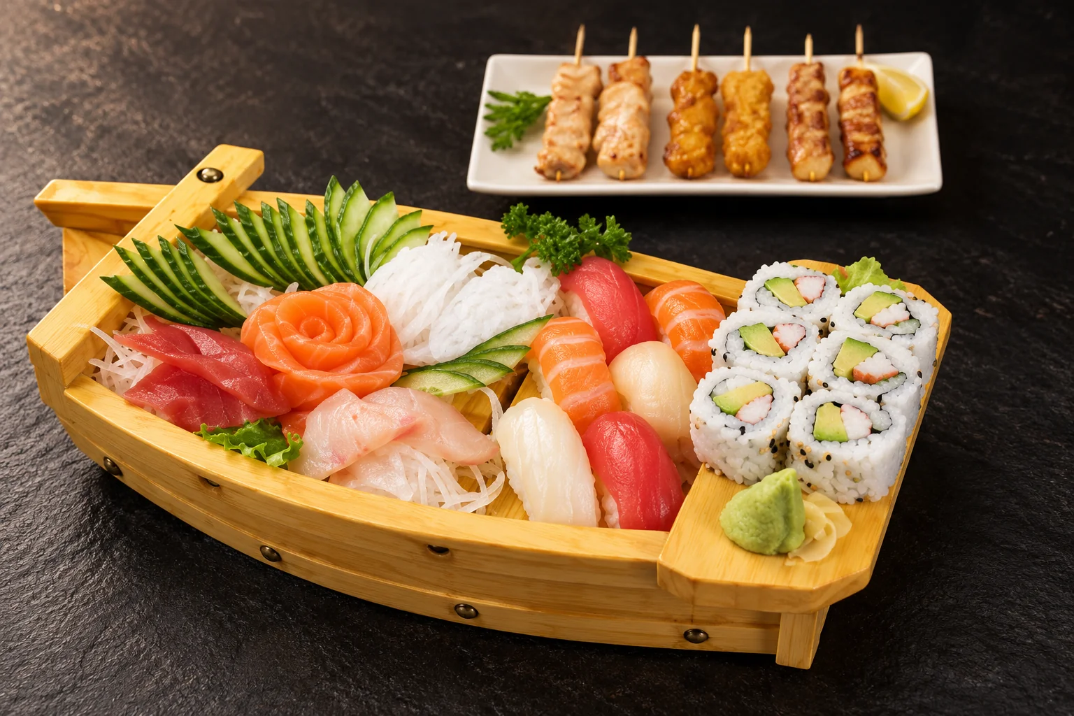 L1 HOKKAIDO dans un bateau en bois, brochettes sur une assiette blanche à l'arrière, fond sombre.